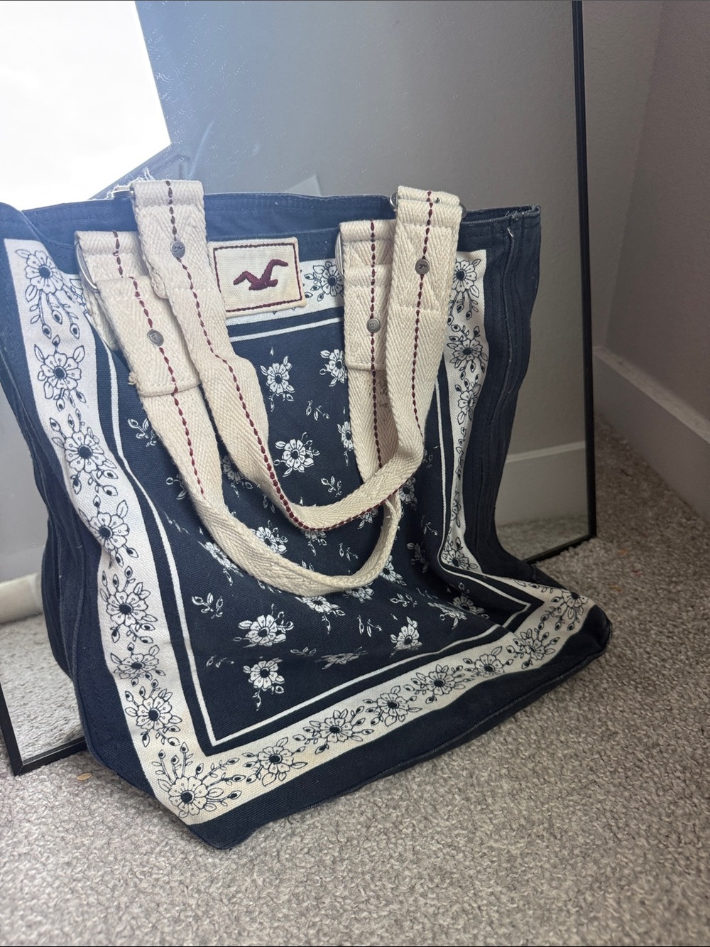 Hollister VTG Navy Floral Canvas Tote y2k school bag